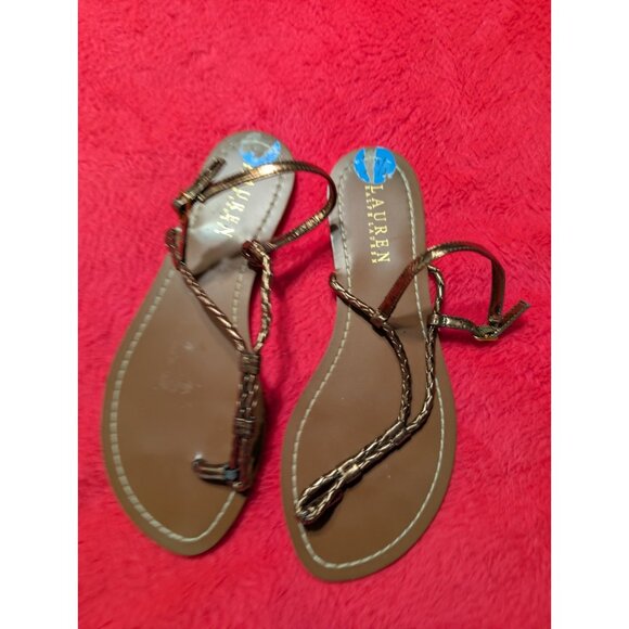 Lauren Ralph Lauren Avril Bronze Braided Strappy Sandals Size 7.5B Flat Thong - Picture 2 of 6